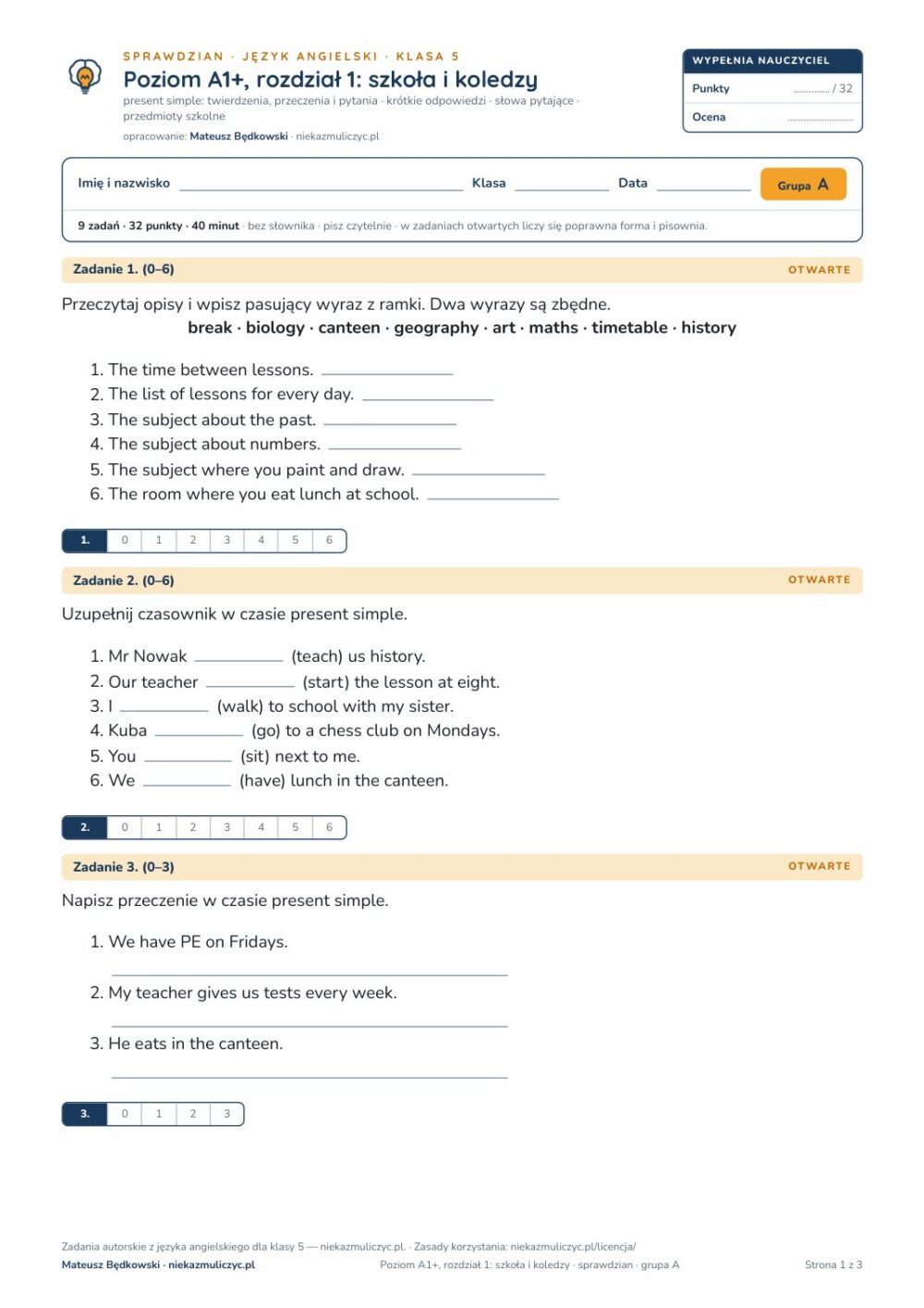Sprawdziany z angielskiego klasa 5, poziom A1+ — 9 rozdziałów, A–E PDF — okładka