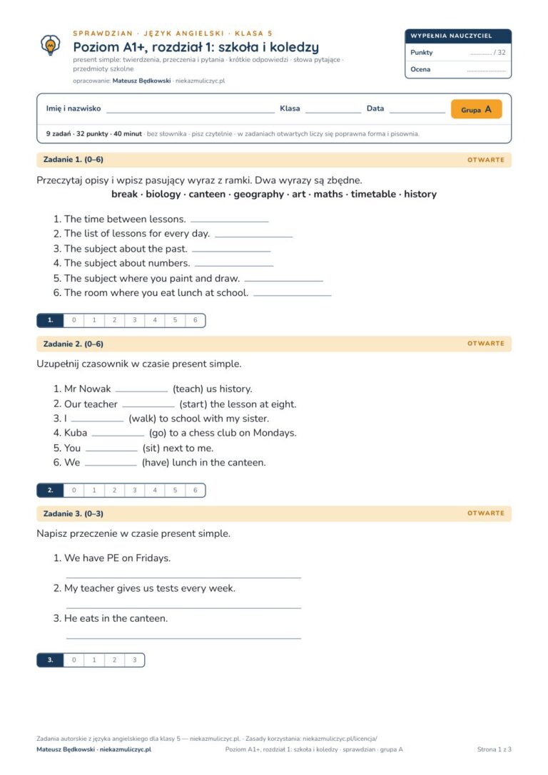 Sprawdziany z angielskiego klasa 5, poziom A1+ — 9 rozdziałów, A–E PDF — okładka