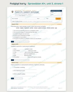 Sprawdziany z angielskiego klasa 5, poziom A1+ — 9 rozdziałów, A–E PDF — podgląd karty, strona 1