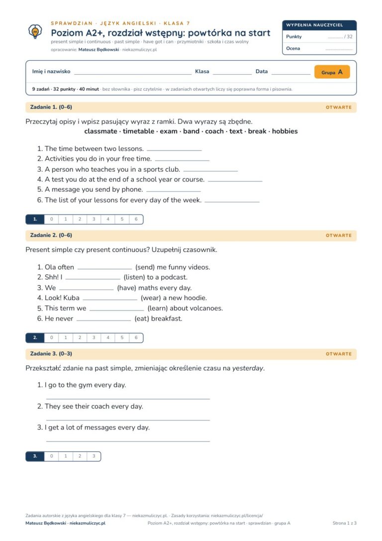 Sprawdzian angielski klasa 7 A2+ rozdział wstępny — grupy B–E — okładka