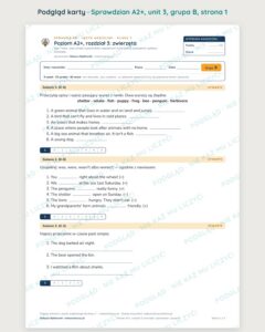 Sprawdzian angielski klasa 7 A2+ unit 3: zwierzęta — grupy B–E — podgląd karty, strona 1