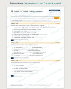 Sprawdzian angielski klasa 7 A2+ unit 7: zakupy i pieniądze, B–E — podgląd karty, strona 1