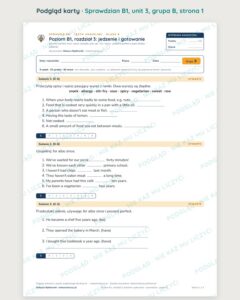 Sprawdzian angielski klasa 8 B1 unit 3: jedzenie i gotowanie, B–E — podgląd karty, strona 1
