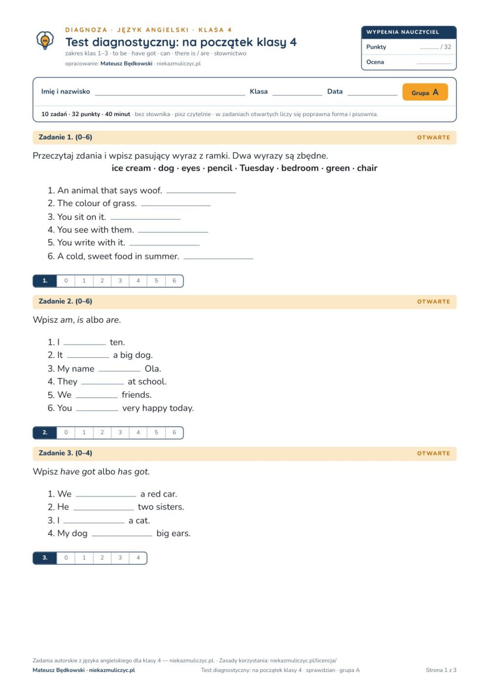 Testy diagnostyczne z angielskiego, klasy 4–8 — grupy A–E PDF — okładka