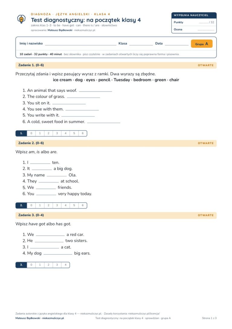 Testy diagnostyczne z angielskiego, klasy 4–8 — grupy A–E PDF — okładka