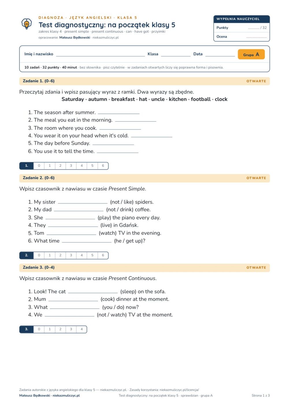 Test diagnostyczny z angielskiego, klasa 5 — grupy B–E PDF — okładka