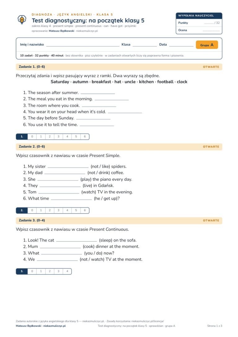 Test diagnostyczny z angielskiego, klasa 5 — grupy B–E PDF — okładka