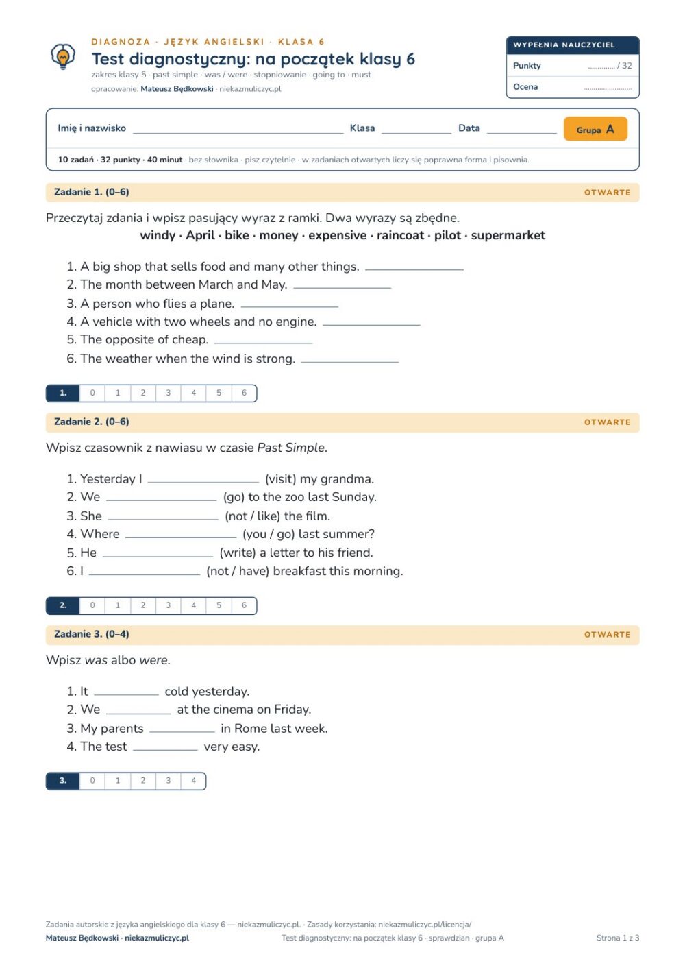Test diagnostyczny z angielskiego, klasa 6 — grupy B–E PDF — okładka
