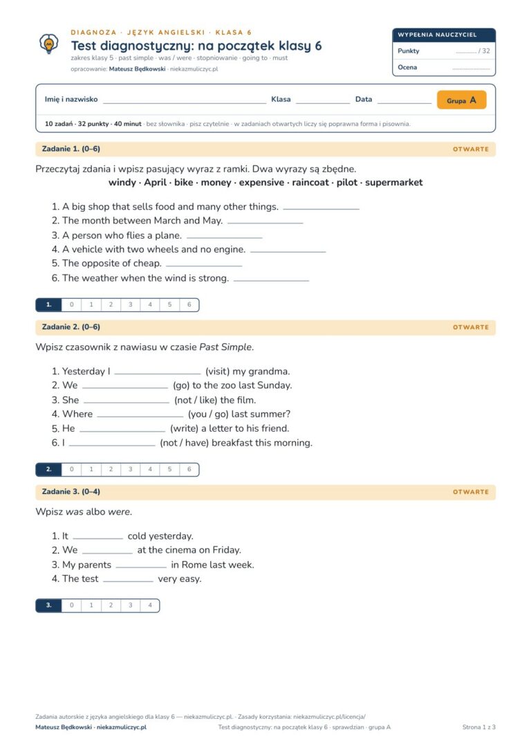 Test diagnostyczny z angielskiego, klasa 6 — grupy B–E PDF — okładka