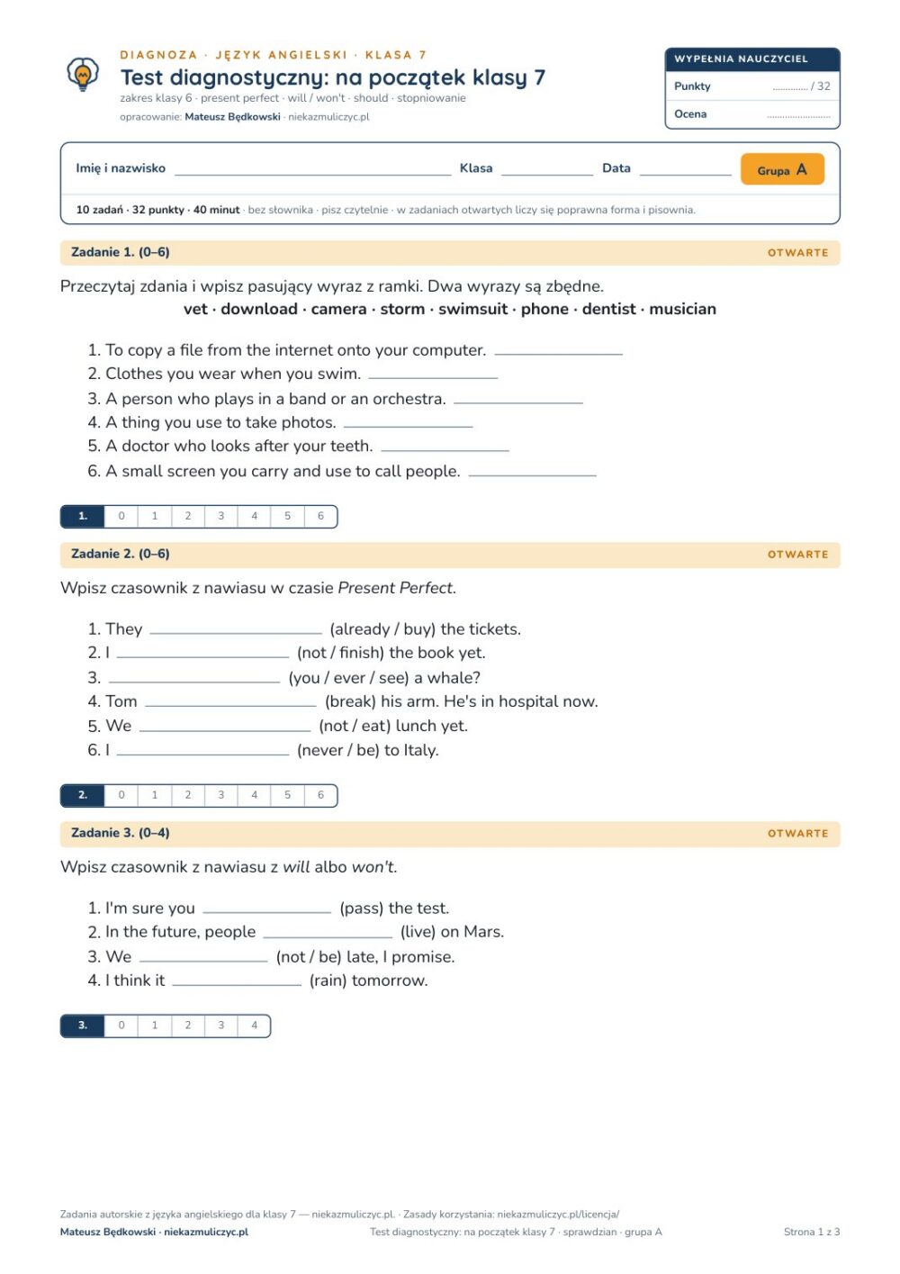 Test diagnostyczny z angielskiego, klasa 7 — grupy B–E PDF — okładka