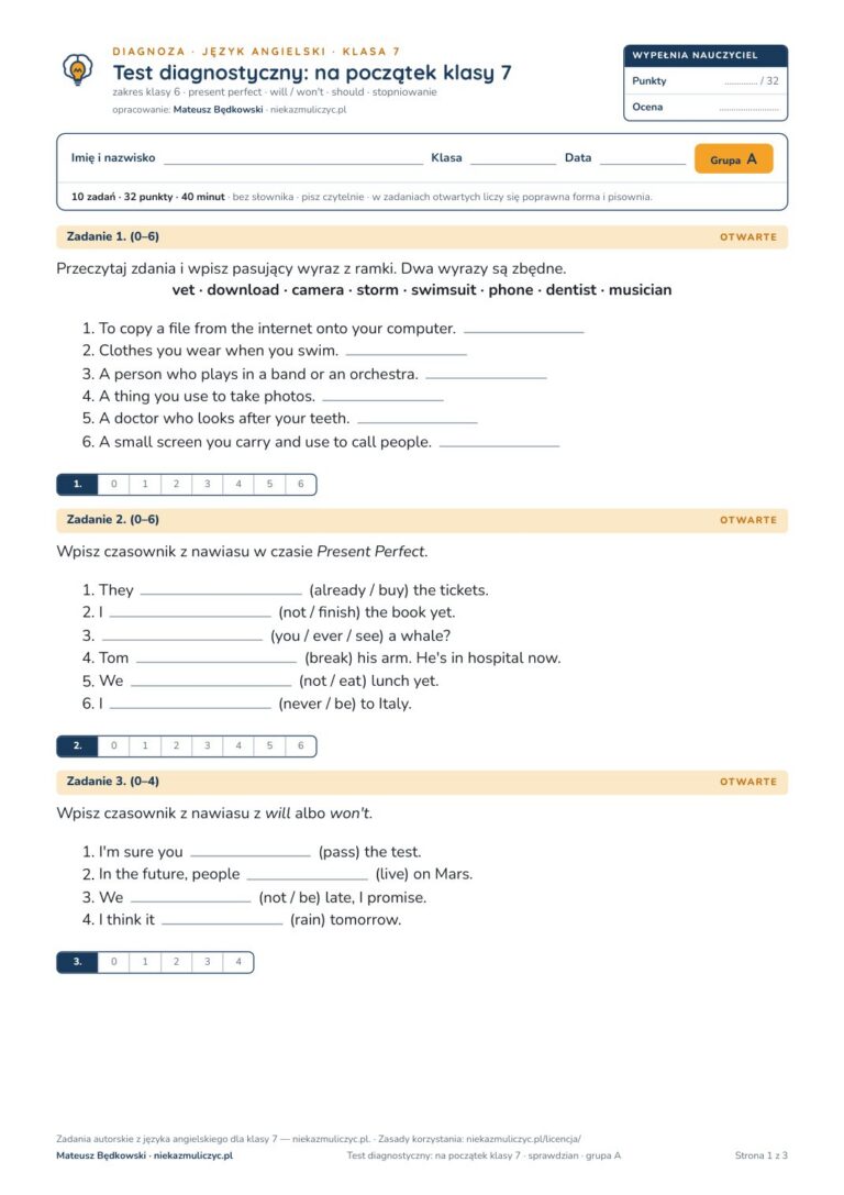 Test diagnostyczny z angielskiego, klasa 7 — grupy B–E PDF — okładka