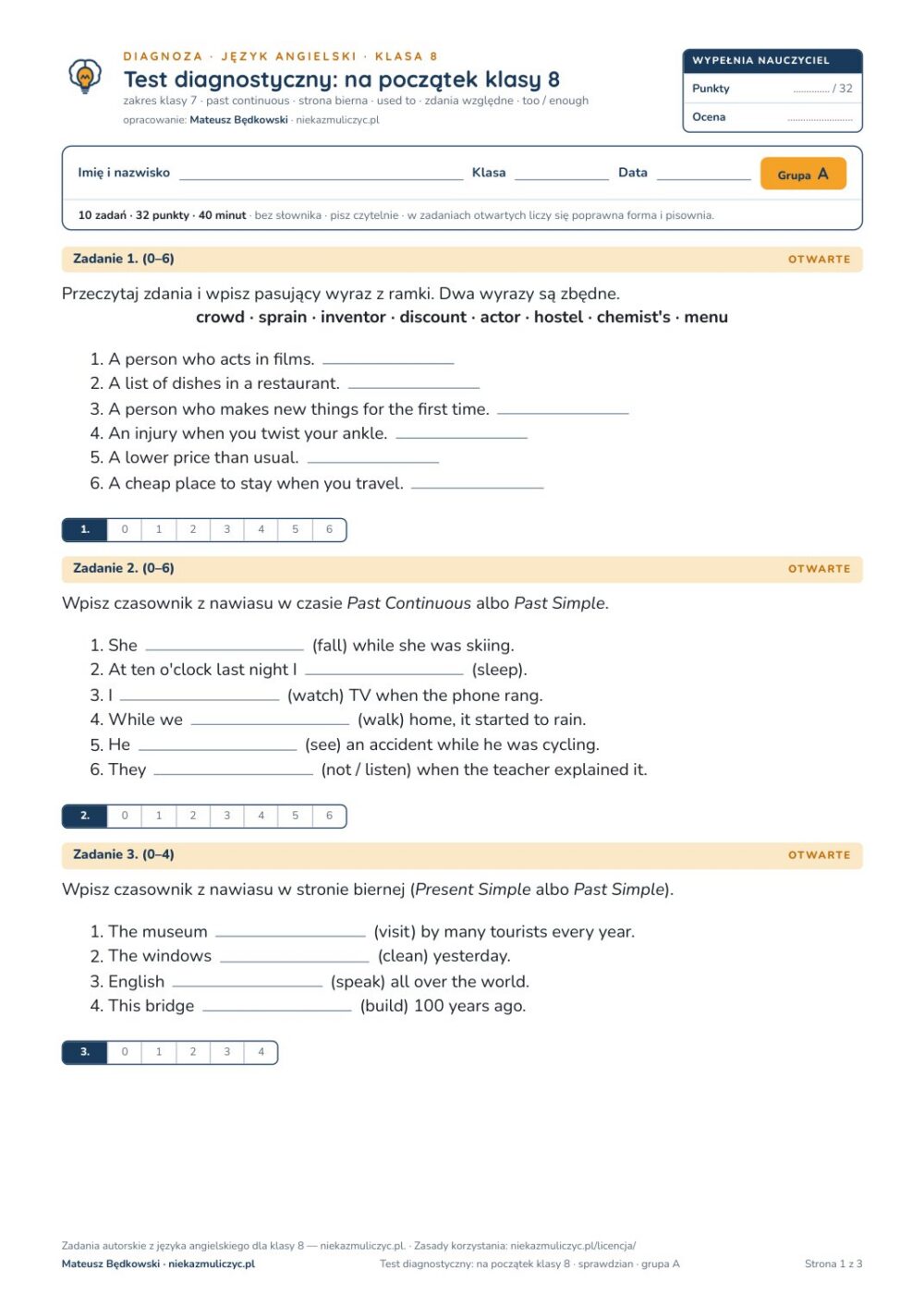 Test diagnostyczny z angielskiego, klasa 8 — grupy B–E PDF — okładka