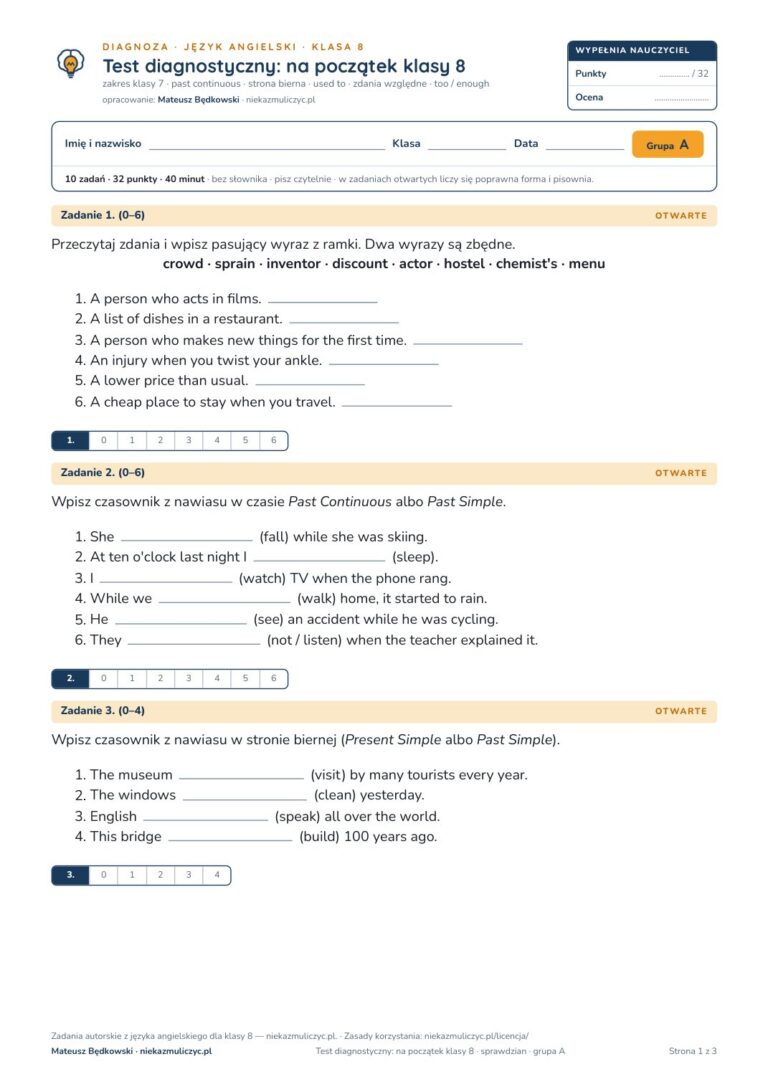 Test diagnostyczny z angielskiego, klasa 8 — grupy B–E PDF — okładka