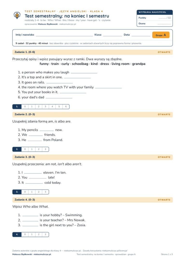 Testy semestralne z angielskiego, klasy 4–8 — grupy A–E PDF — okładka