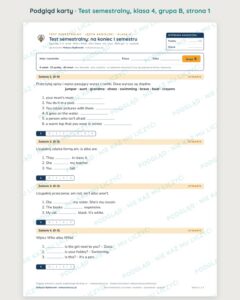 Test semestralny z angielskiego, klasa 4 — grupy B–E PDF — podgląd, strona 1