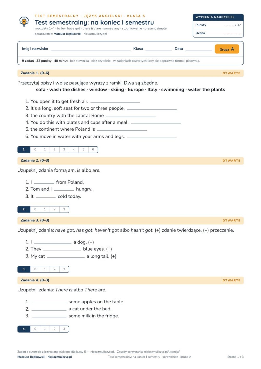 Test semestralny z angielskiego, klasa 5 — grupy B–E PDF — okładka