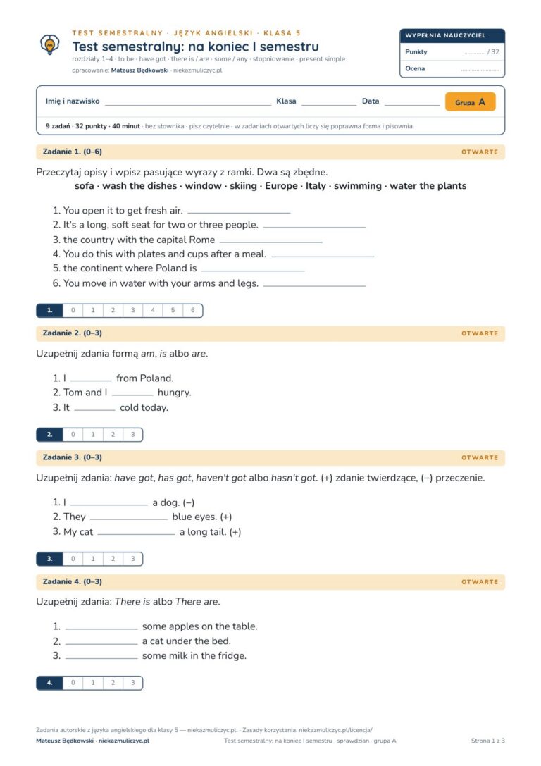 Test semestralny z angielskiego, klasa 5 — grupy B–E PDF — okładka