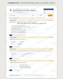 Test semestralny z angielskiego, klasa 5 — grupy B–E PDF — podgląd, strona 1