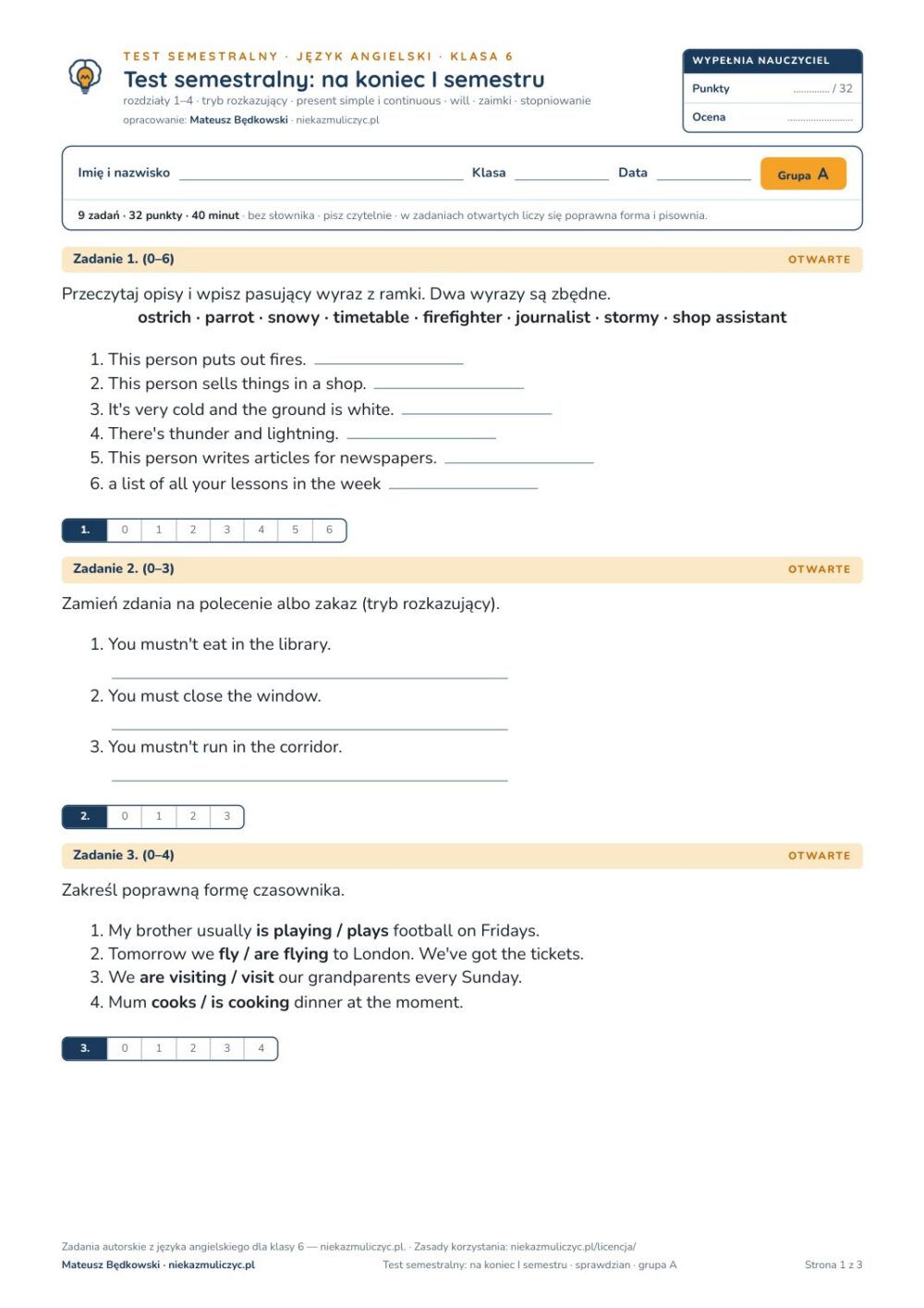 Test semestralny z angielskiego, klasa 6 — grupy B–E PDF — okładka