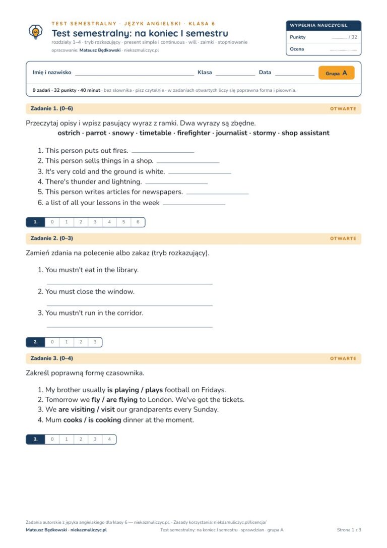 Test semestralny z angielskiego, klasa 6 — grupy B–E PDF — okładka
