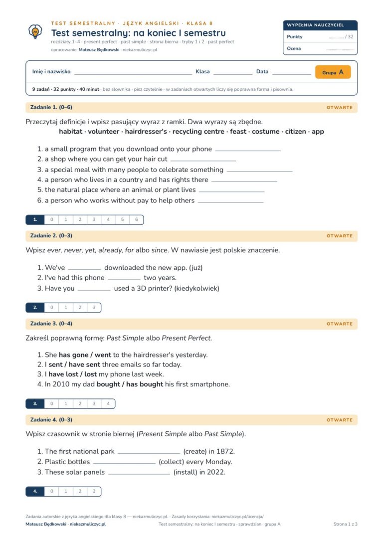 Test semestralny z angielskiego, klasa 8 — grupy B–E PDF — okładka