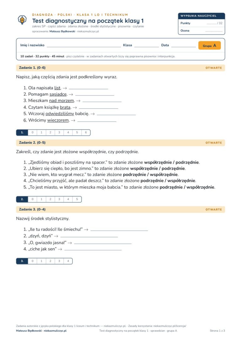 Test diagnostyczny z polskiego, klasa 1 liceum i technikum — B–E — okładka
