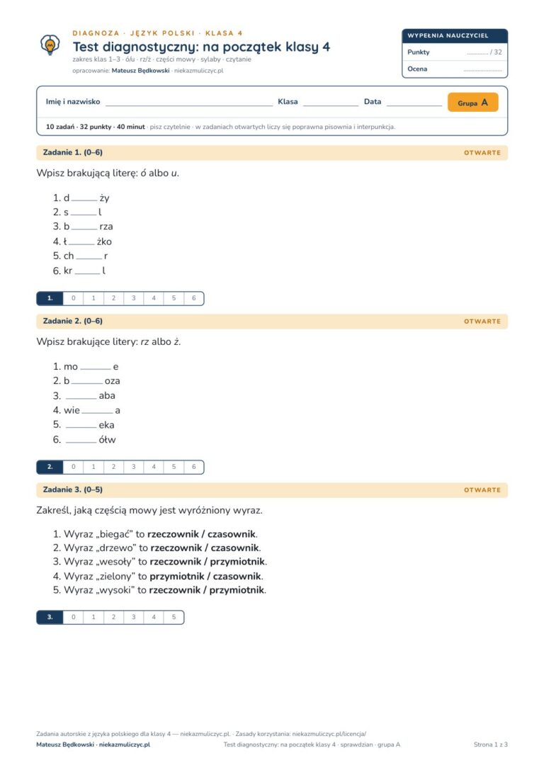 Testy diagnostyczne z polskiego, klasy 4–8 — grupy A–E PDF — okładka