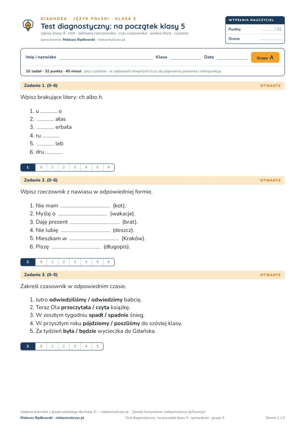 Test diagnostyczny z polskiego, klasa 5 — grupy B–E PDF — okładka