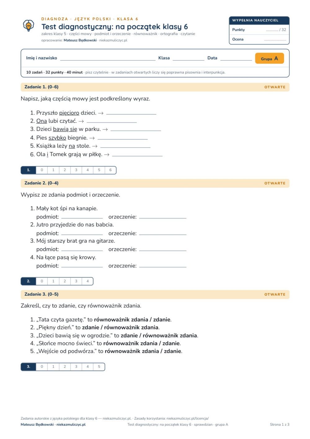 Test diagnostyczny z polskiego, klasa 6 — grupy B–E PDF — okładka