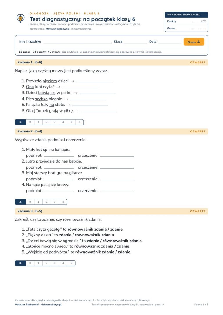 Test diagnostyczny z polskiego, klasa 6 — grupy B–E PDF — okładka