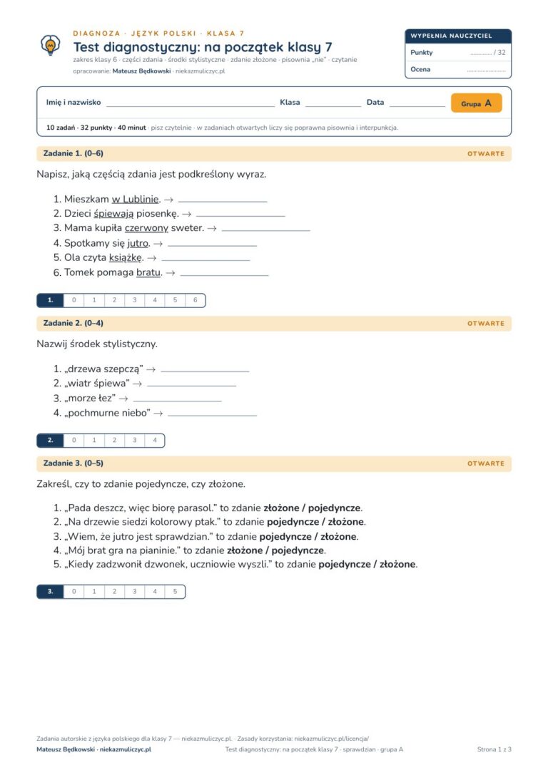 Test diagnostyczny z polskiego, klasa 7 — grupy B–E PDF — okładka