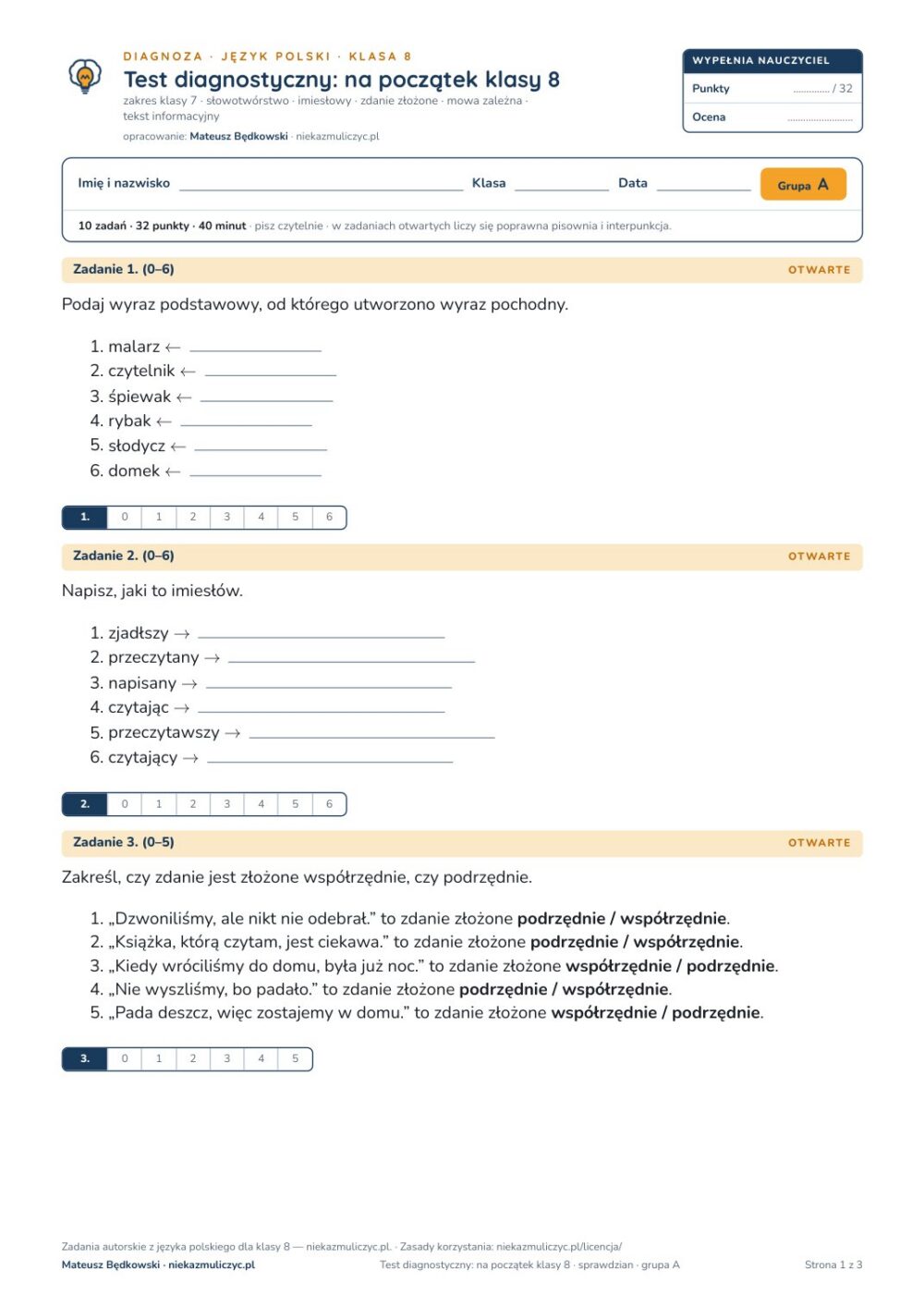 Test diagnostyczny z polskiego, klasa 8 — grupy B–E PDF — okładka
