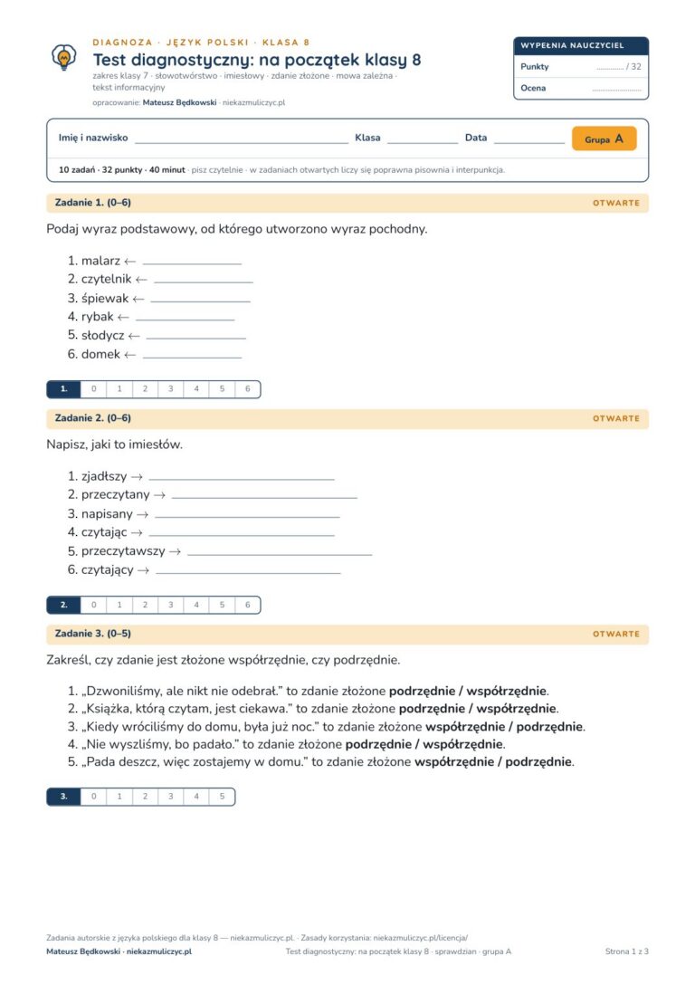 Test diagnostyczny z polskiego, klasa 8 — grupy B–E PDF — okładka