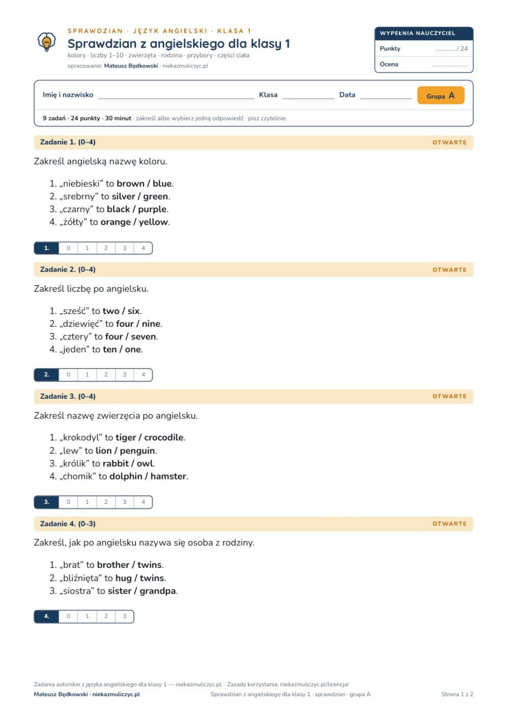 Sprawdzian z angielskiego, klasa 1 szkoły podstawowej — B–E PDF — okładka