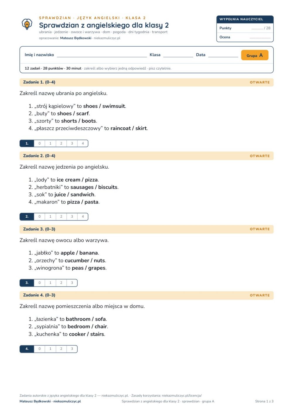 Sprawdzian z angielskiego, klasa 2 szkoły podstawowej — B–E PDF — okładka