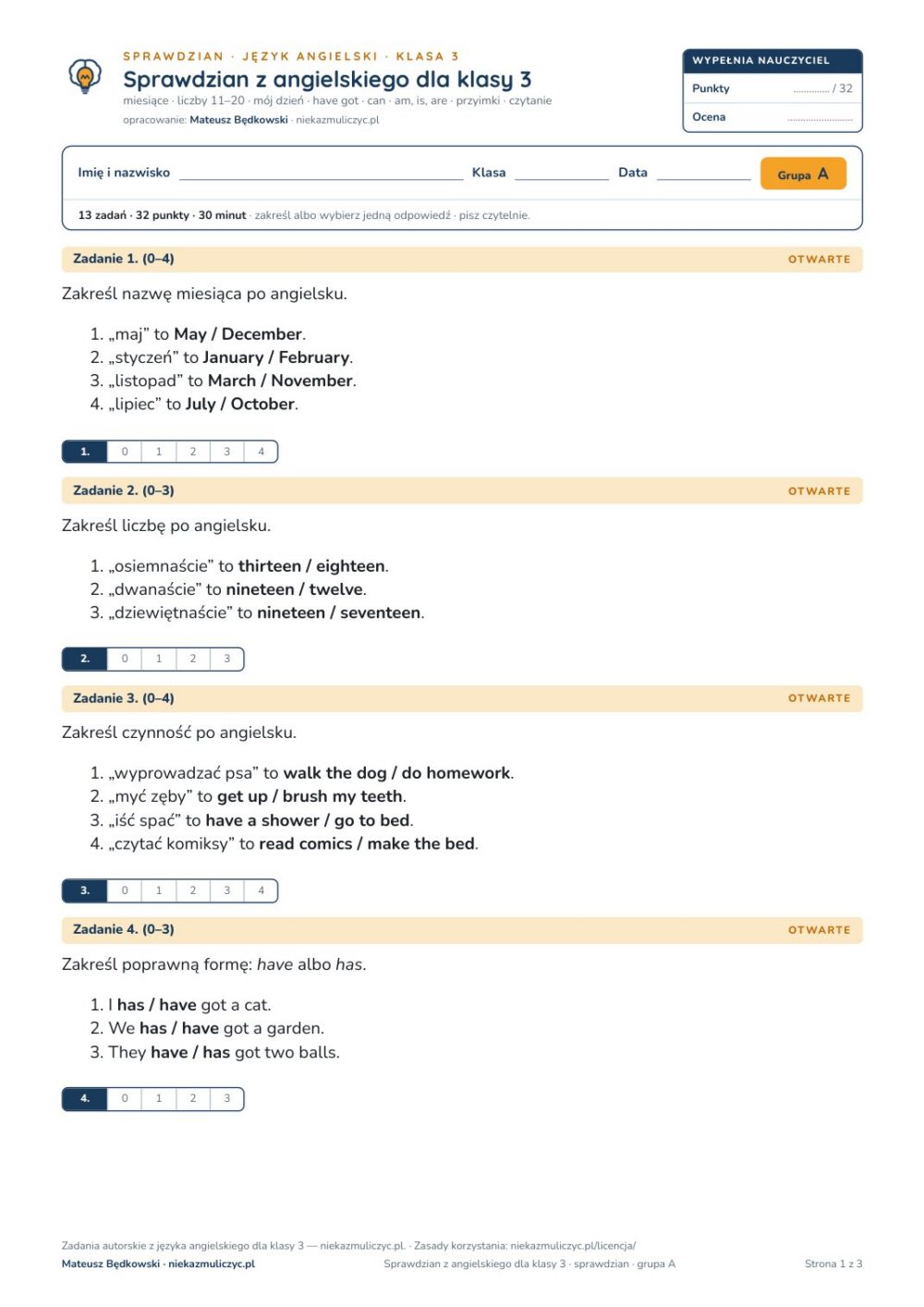 Sprawdzian z angielskiego, klasa 3 szkoły podstawowej — B–E PDF — okładka