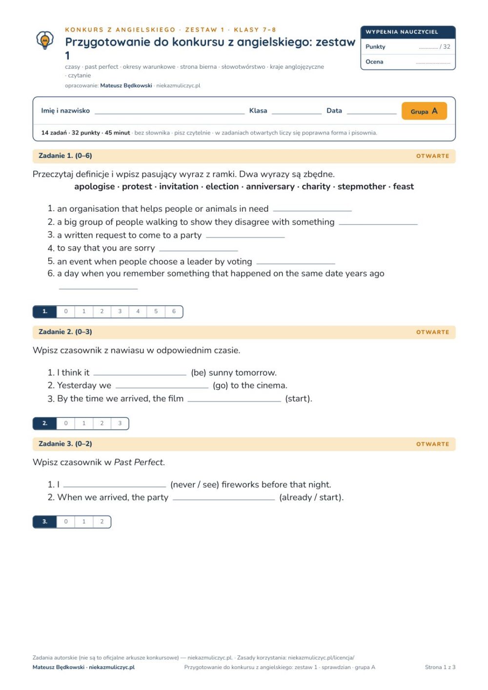 Konkurs z angielskiego, klasy 7–8, zestaw 1 — grupy B–E PDF — okładka