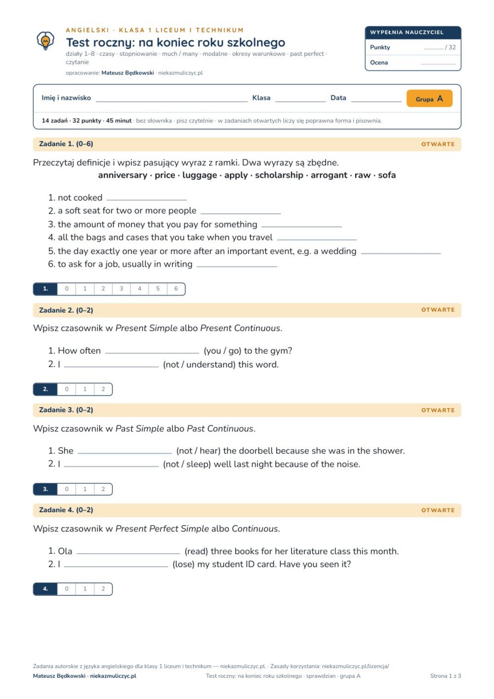 Test roczny z angielskiego, klasa 1 liceum i technikum — B–E — okładka