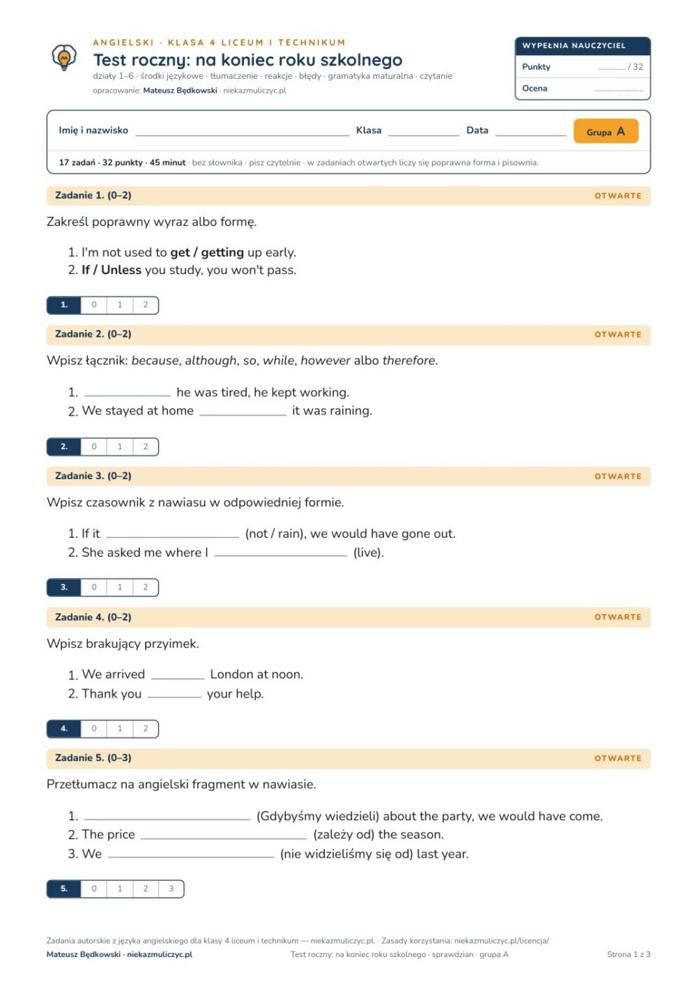 Test roczny z angielskiego, klasa 4 liceum i technikum — B–E — okładka