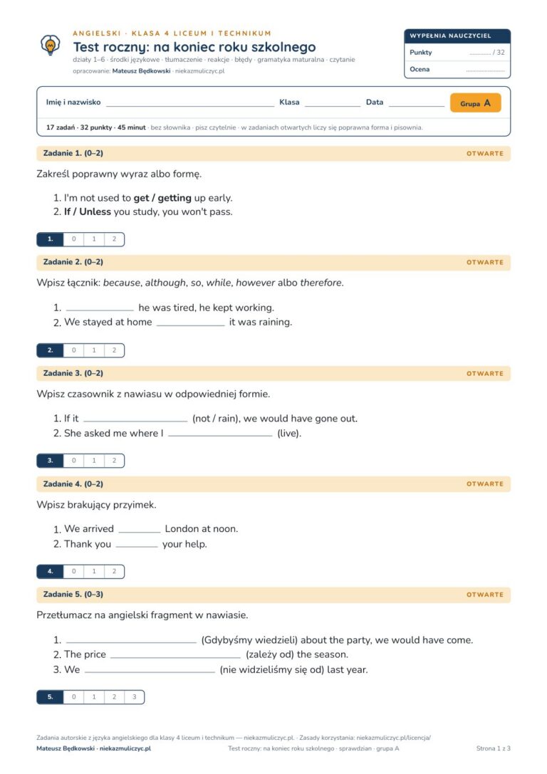Test roczny z angielskiego, klasa 4 liceum i technikum — B–E — okładka
