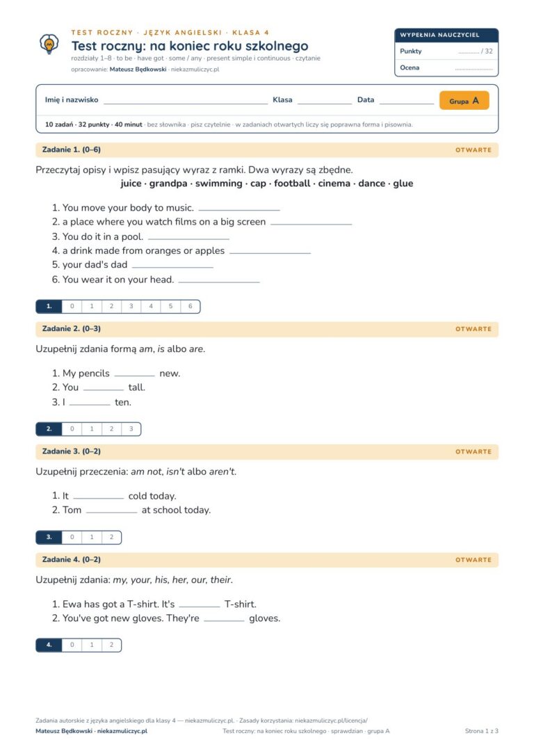 Testy roczne z angielskiego, klasy 4–8 — grupy A–E PDF — okładka