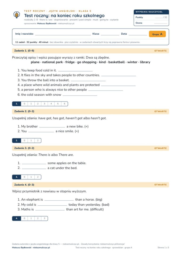 Test roczny z angielskiego, klasa 5 — grupy B–E PDF — okładka