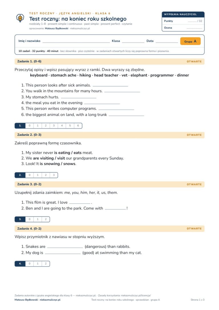 Test roczny z angielskiego, klasa 6 — grupy B–E PDF — okładka