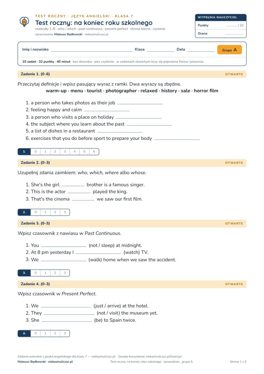 Test roczny z angielskiego, klasa 7 — grupy B–E PDF — okładka