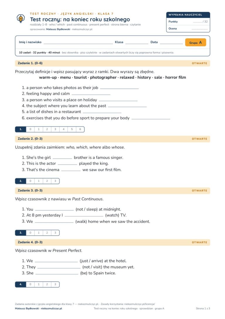 Test roczny z angielskiego, klasa 7 — grupy B–E PDF — okładka