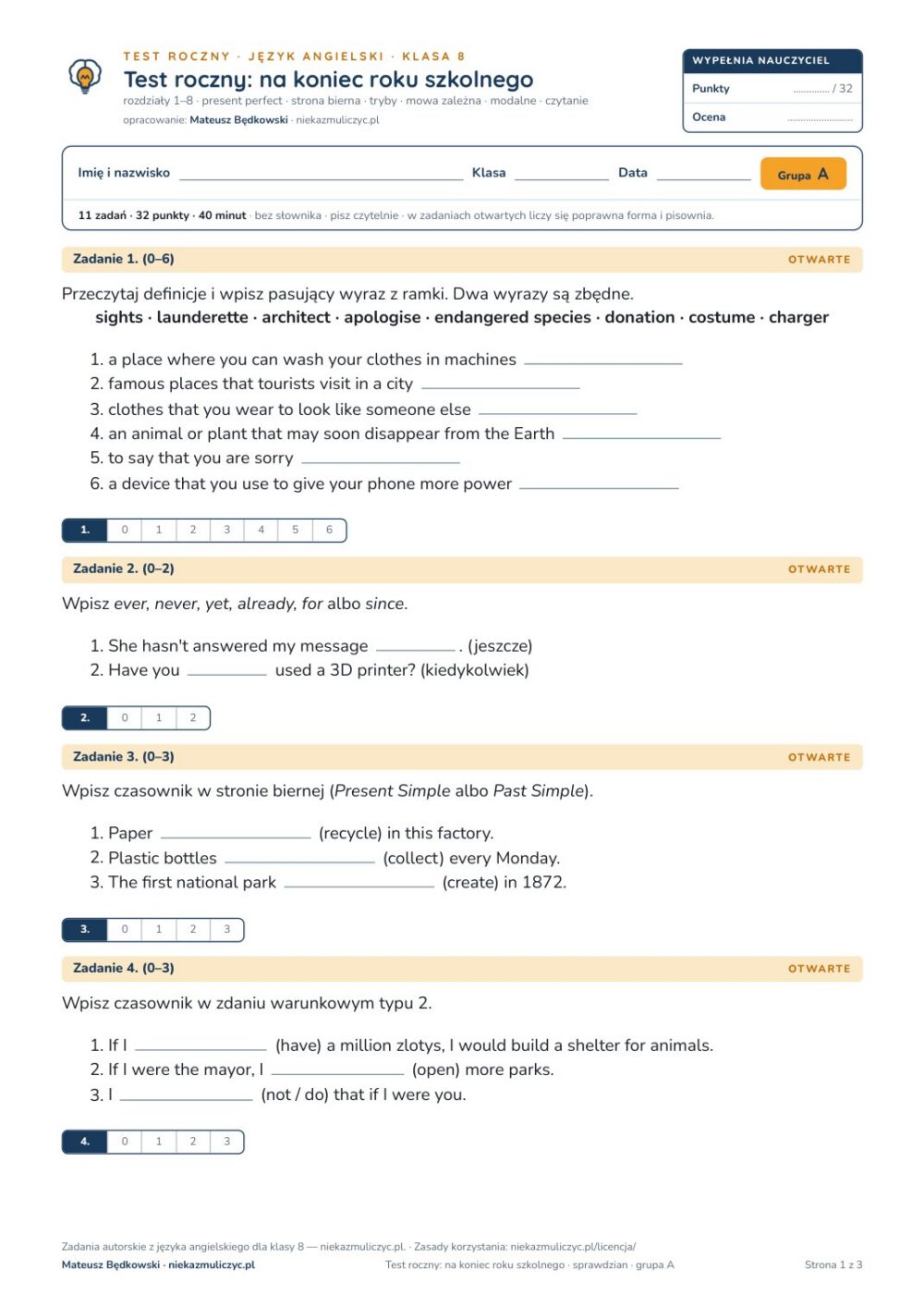 Test roczny z angielskiego, klasa 8 — grupy B–E PDF — okładka