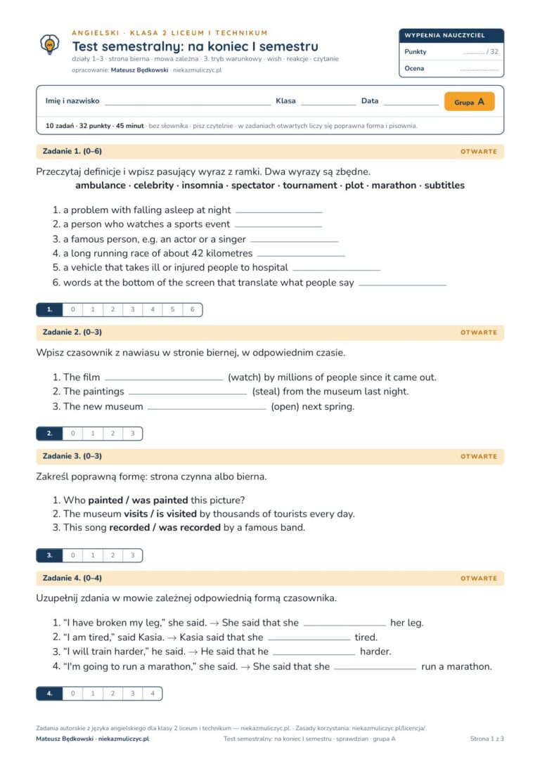 Test semestralny z angielskiego, klasa 2 liceum i technikum — B–E — okładka