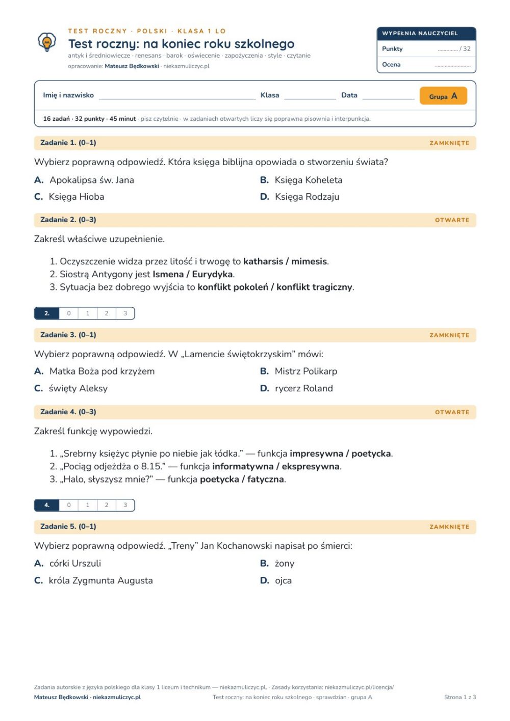 Test roczny z polskiego, klasa 1 liceum i technikum — B–E — okładka