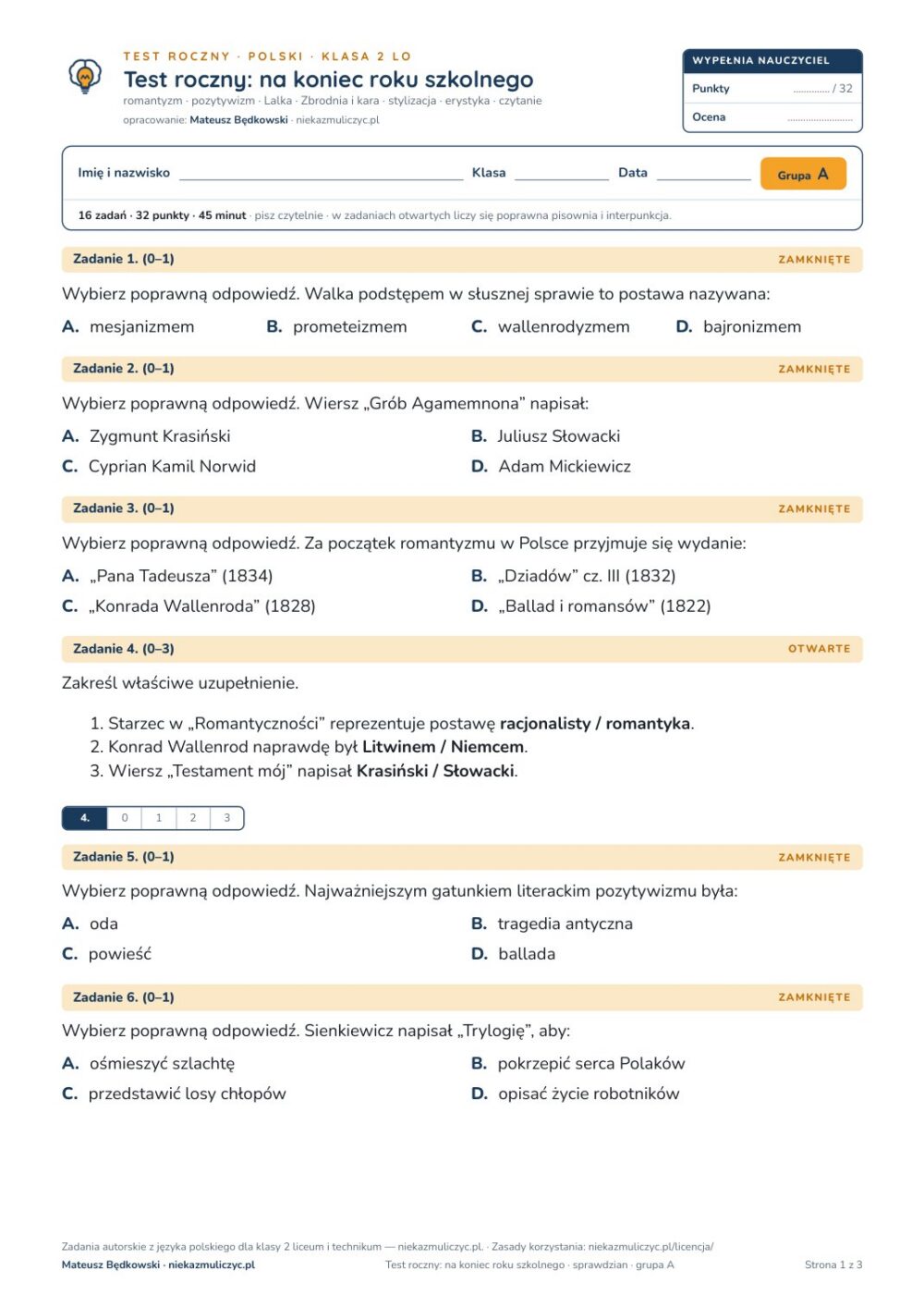 Test roczny z polskiego, klasa 2 liceum i technikum — B–E — okładka