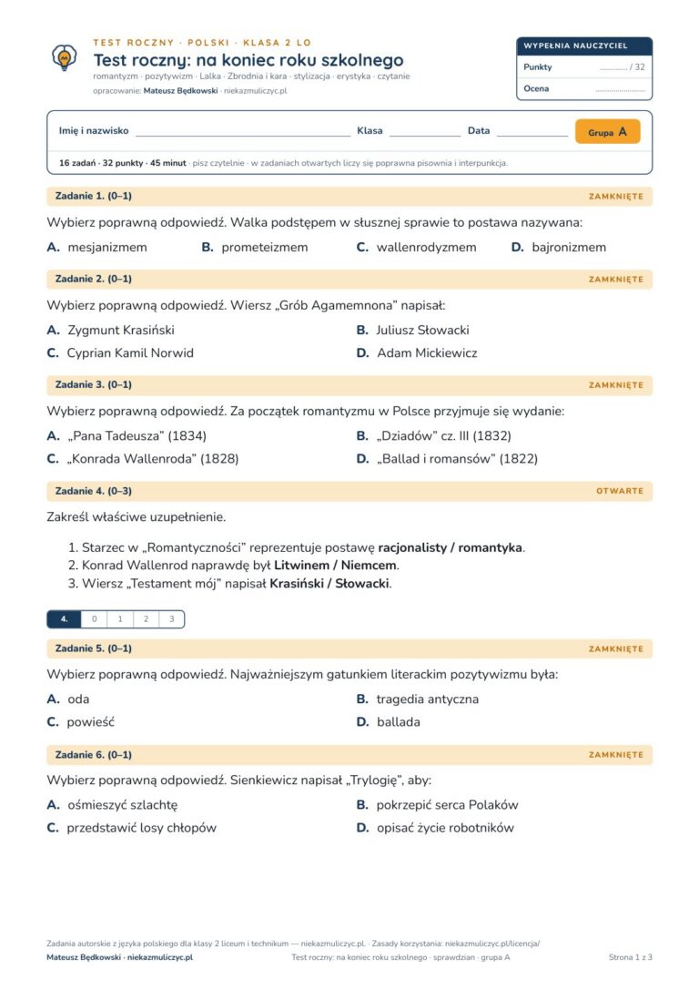 Test roczny z polskiego, klasa 2 liceum i technikum — B–E — okładka